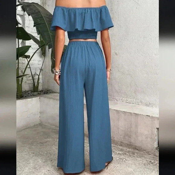 Women's Off-Shoulder Ruffle Trim Top And Wide Leg Pants Two Piece Set - Picture 2 of 6